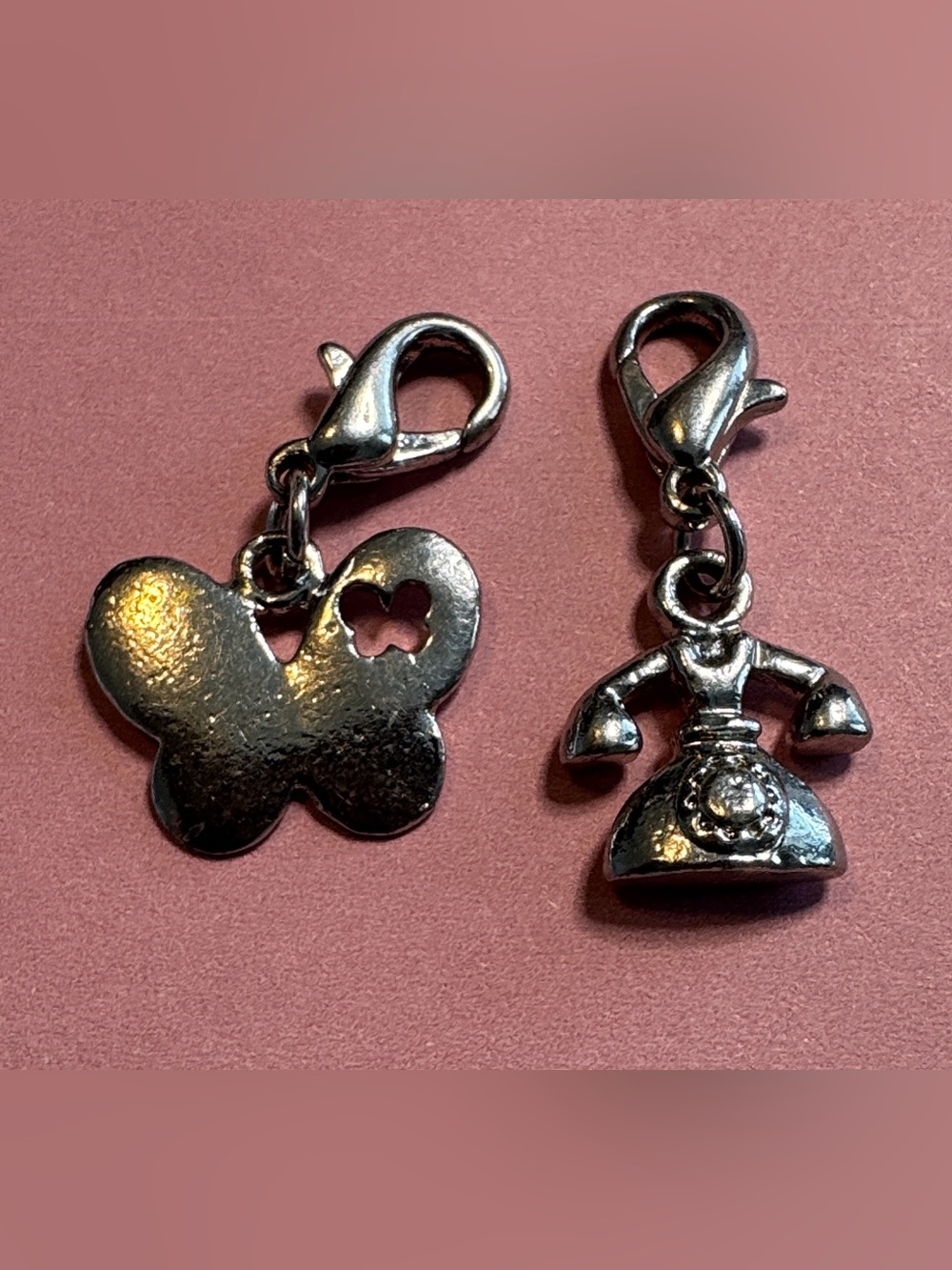Vintage Silver Tone Clip-On Charms Bundle - Butterfly & Telephone